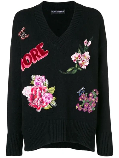 Dolce & Gabbana V-neck Long-sleeve Cashmere Sweater W/ Amore Patches In Black