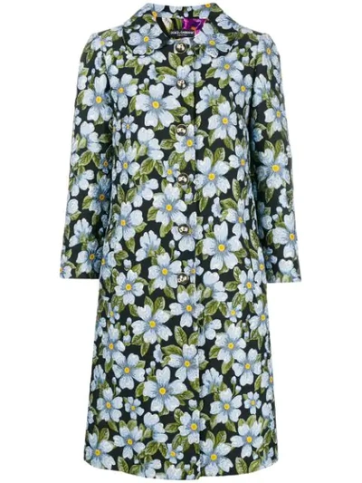 Dolce & Gabbana Single-breasted Floral-jacquard A-line Coat In Blue Floral