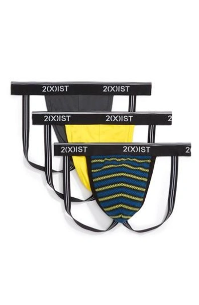 2(x)ist 3-pack Stretch Jock Straps In Lapis/ Black/charcoal/ Yellow