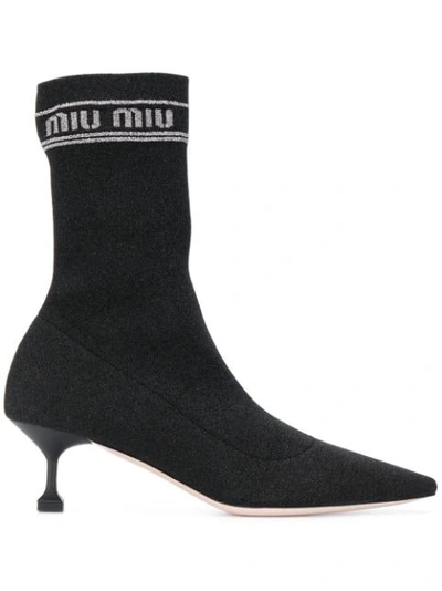 Miu Miu Tech Knit Pointed-toe Sock Booties In Black