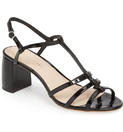 Loeffler Randall Elena Shiny Crocodile-embossed T-strap Block-heel Sandal In Black