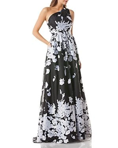 Carmen Marc Valvo One-shoulder Floral Organza Ball Gown In Black/white