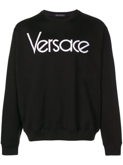 Versace 1990 Logo-embroidered Cotton Sweatshirt In Black