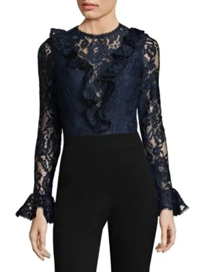 Alexis Woman Ruffle-trimmed Corded Lace Bodysuit Navy
