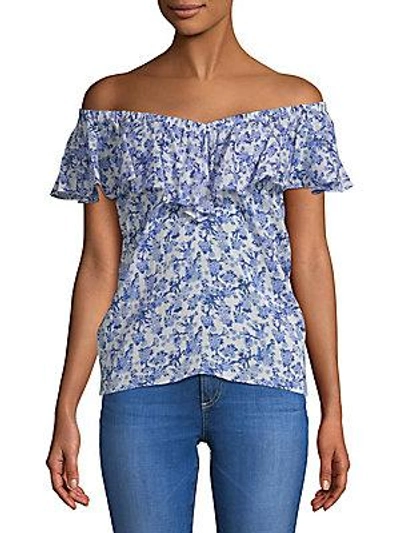 Rebecca Taylor Aimee Floral Off-the-shoulder Cotton Top In Blue Multi