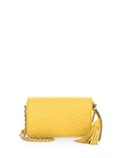 Tory Burch Fleming Flat Leather Wallet Bag In Day Lily Yellow/gold