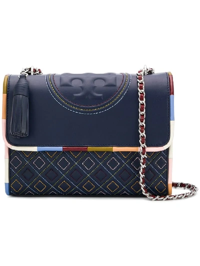 Tory Burch Fleming Piped Leather Convertible Shoulder Bag - White In Navy Multi/gold