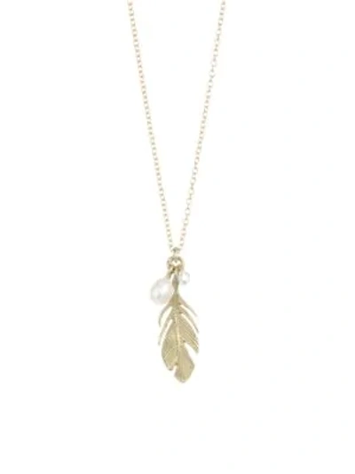 Annette Ferdinandsen Fauna Feather Diamond & Pearl Pendant Necklace In Yellow Gold