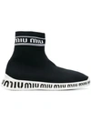 Miu Miu Logo-embossed Stretch-knit High-top Sneakers In Black