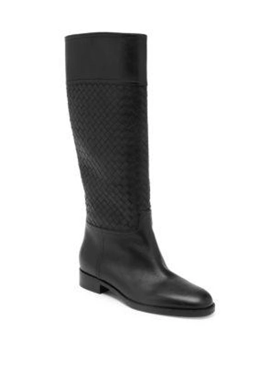 Bottega Veneta Pixelmod Leather Weave Riding Boots In Black