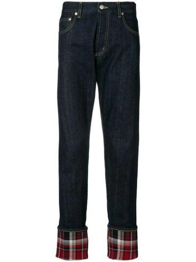 Alexander Mcqueen Men's Straight-leg Jeans With Plaid Cuffs In Indigo