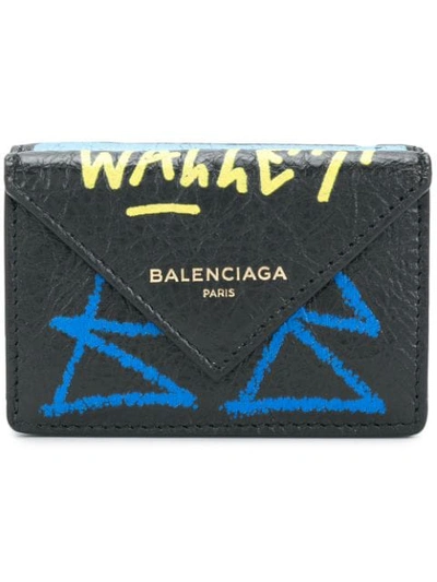 Balenciaga Papier Mini Printed Textured-leather Wallet In Black