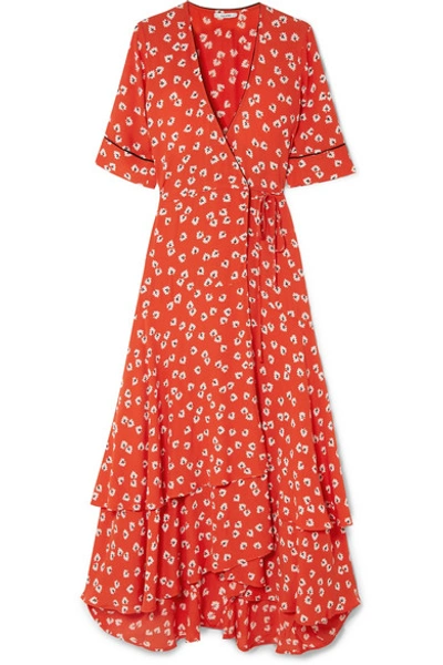 Ganni Floral-print Crepe De Chine Wrap Maxi Dress In Red