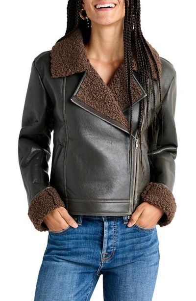 Splendid Romy Sherpa Vegan Leather Moto Jacket In Chocolate