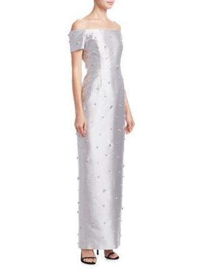 Catherine Regehr Embellished Off-the-shoulder Gown In Silver