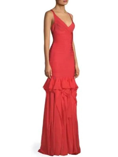 Herve Leger V-neck Sleeveless Bandage Evening Gown W/ Ruffled Chiffon Skirt In Coral Poppy