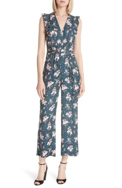 Rebecca Taylor Emilia Floral Sleeveless Silk Jumpsuit In Teal Combo