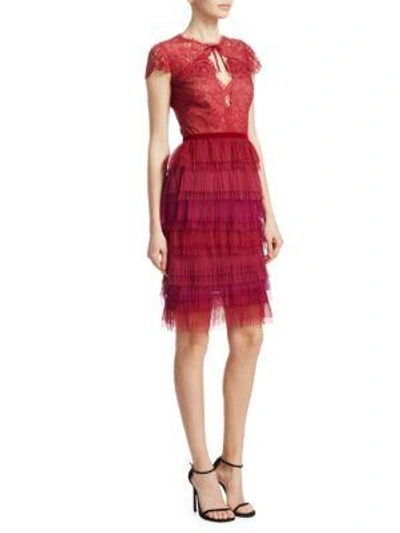 Marchesa Notte Short-sleeve Pleated Lace Cocktail Dress In Red