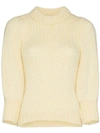 Ganni Julliard Puff-sleeve Mohair And Wool-blend Sweater In Nude/neutrals