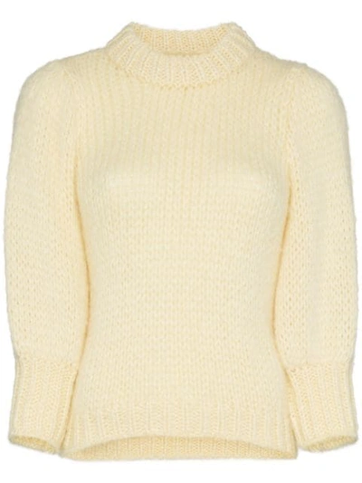 Ganni Julliard Puff-sleeve Mohair And Wool-blend Sweater In Nude/neutrals