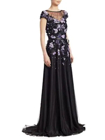 Theia Embellished Cap-sleeve Gown In Navy