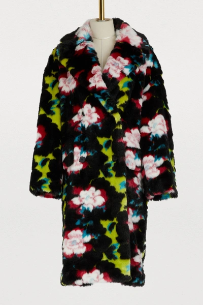 Kenzo Double Breasted Faux Fur Coat In Multicolor