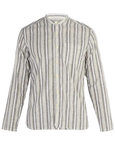 Oliver Spencer Grandad-collar Striped Cotton And Linen-blend Shirt In Green