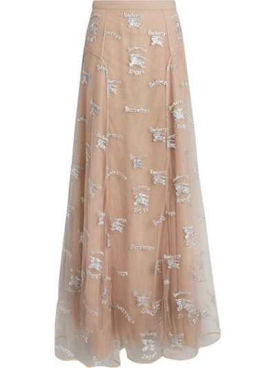 Burberry Equestrian Knight Embroidered Tulle Skirt In Nude/silver