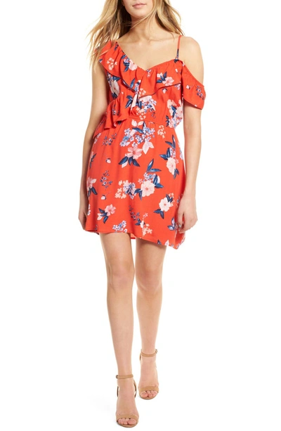 Cupcakes And Cashmere Cordetta Asymmetric Ruffled Floral-print Dress In Poppy Red