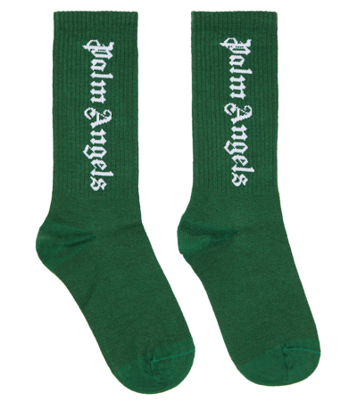 Palm Angels Kids' Ribbed Logo-print Socks In Green