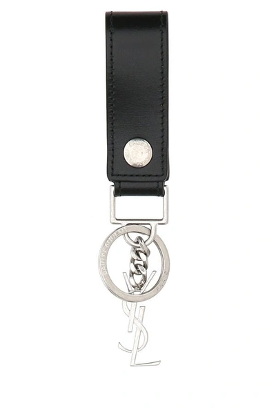Saint Laurent Man Black Leather Monogram Key Ring In Nero