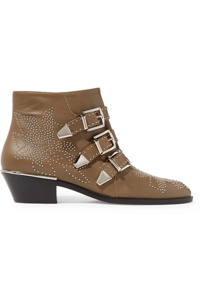 Chloé Brown Studded & Buckled Boots In Leather