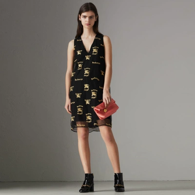 Burberry Archive Logo Embroidered Tulle Shift Dress In Black