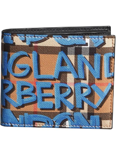 Burberry Graffiti Print Vintage Check International Bifold Wallet In Canvas Blue/antique Yellow