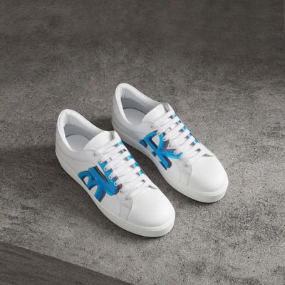Burberry Graffiti Print Leather Sneakers In Bright Sky Blue | ModeSens