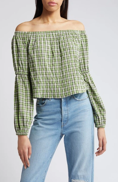 Topshop Check Off The Shoulder Top In Green