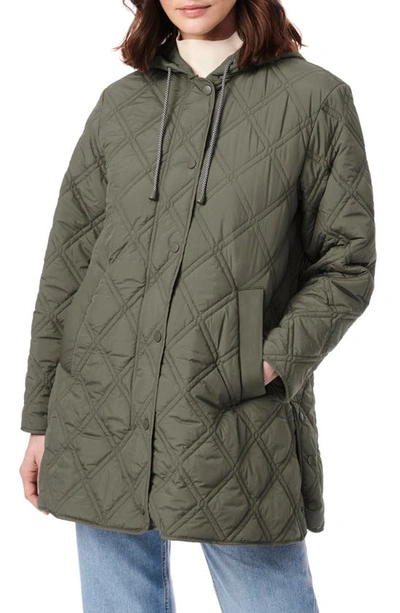 Bernardo Quilted Snap Front A-Line Hooded Jacket, Womens, S, Fig Leaf
