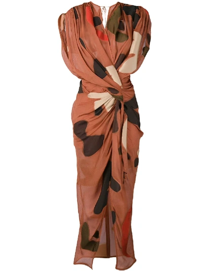 Jacquemus Henri Ruched Gauze Dress In Brown Print Beige