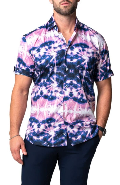 Maceoo Galileo Tie Dye Stars Short Sleeve Cotton Button-up Shirt In Blue
