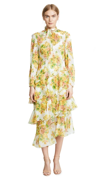 Zimmermann Golden Tiered Dress In Citrus Stamp Floral | ModeSens