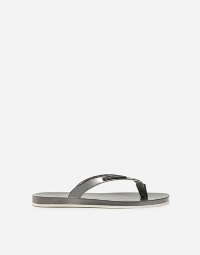 Dolce & Gabbana Thong Sandals In Rubber And Mirrored Calfskin In Dark Silver