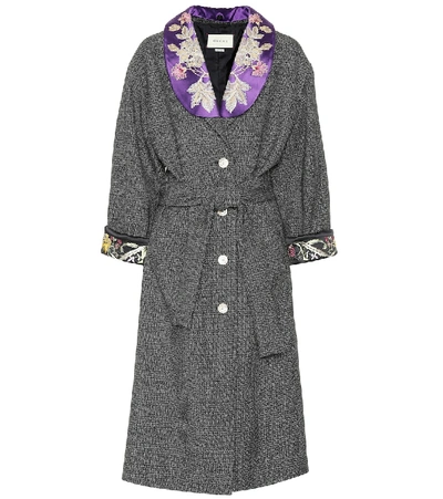 Gucci Embroidered Checked Wool Coat In Grey