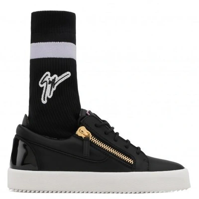 Giuseppe Zanotti - Leather Low-top Sneaker With Black And Purple 'signature' Sock Gail Plus