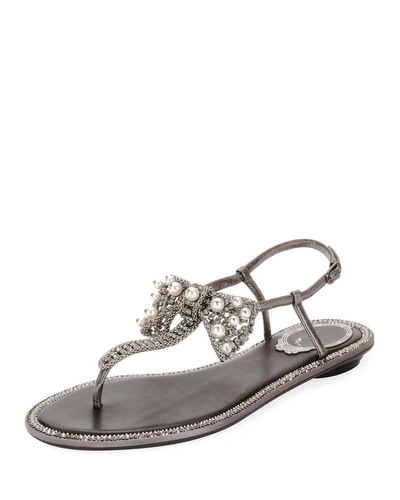 René Caovilla Leather Sandal With Embellished Bow In Gray