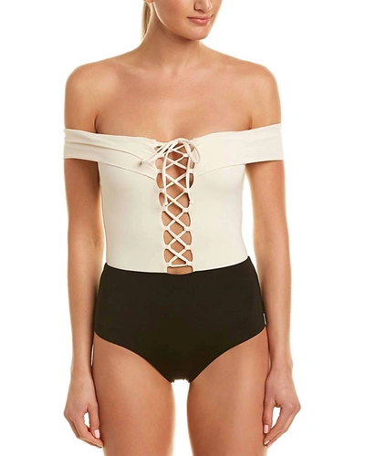 L*space Anja Off The Shoulder Lace Up Tie One-piece Swimsuit In Cream/black In Multi