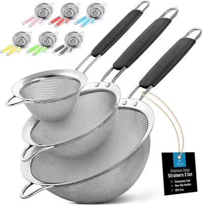 Zulay Kitchen Premium Stainless Steel Fine Mesh Strainer Set In Black