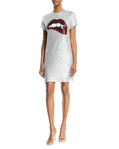 Aidan Mattox Sequin Short-sleeve Biting Lips Cocktail Dress In Silver