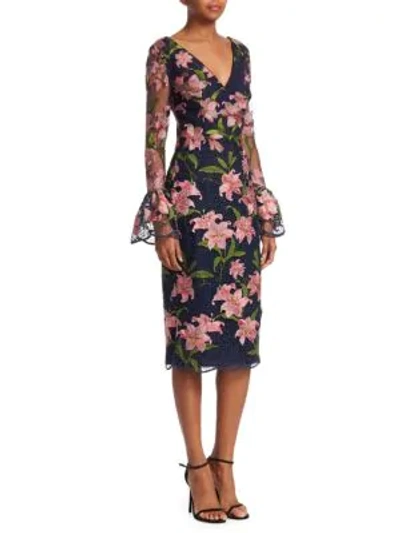 David Meister Floral Embroidered Bell-sleeve Sheath Dress In Navy Pink
