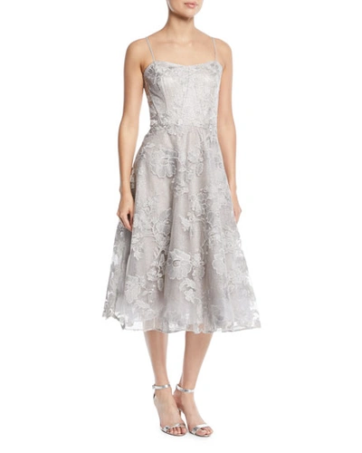 Rickie Freeman For Teri Jon Strapless Embroidered Floral Lace Midi Cocktail Dress