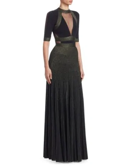 Elie Saab Short-sleeve Paneled-bodice Two-tone Long Evening Gown In Black